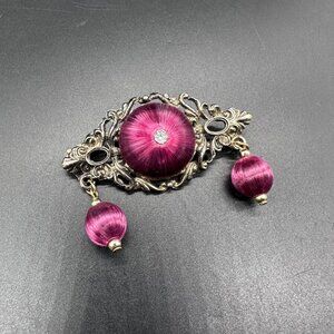 Vintage Brooch Pin Purple Fabric Dangle Antiqued Finish Victorian Style Bar